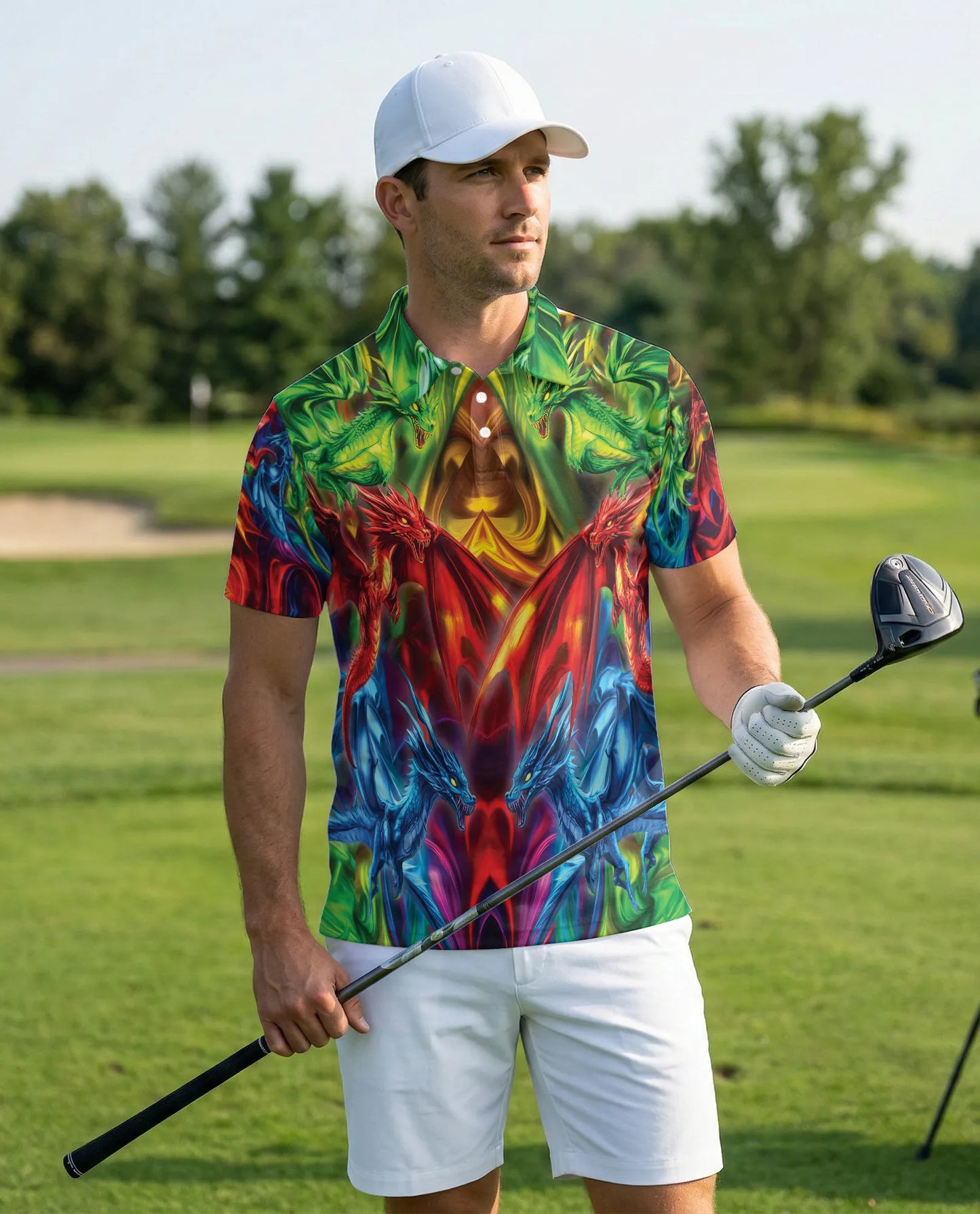 Colorful Dragon 3D Polo Shirt for Men, Fantasy Fire Art Style | Azhawaiian