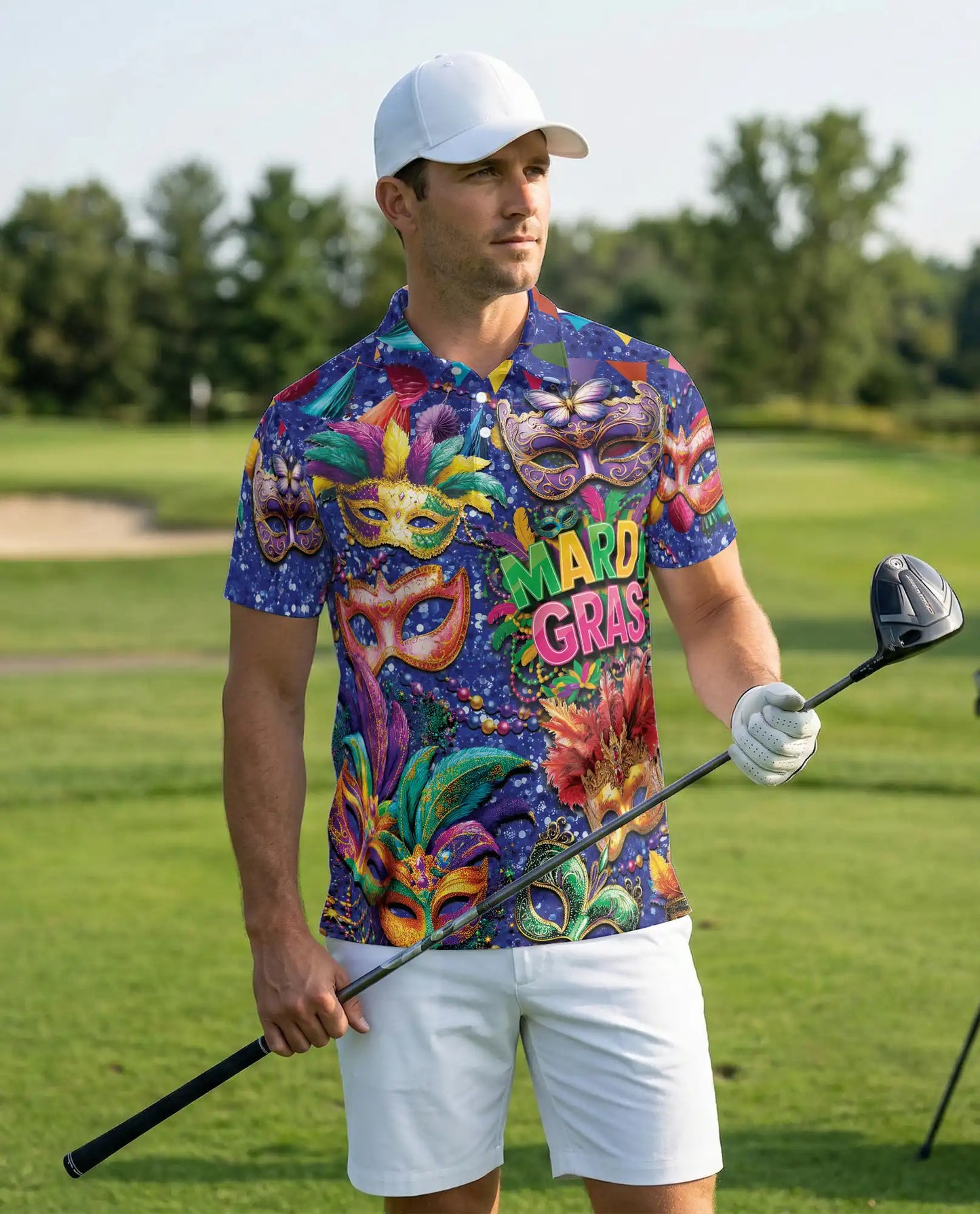 Mardi Gras Carnival Mask Polo Shirt for Men-Colorful Festival Feather Mask | Azhawaiian