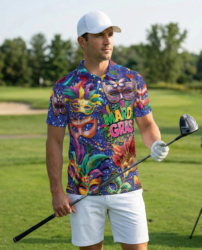 Mardi Gras Carnival Mask Polo Shirt for Men-Colorful Festival Feather Mask | Azhawaiian