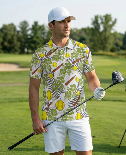 Softball Tropical 3D Polo Shirt for Men, Bat and Ball Summer Style | Azhawaiian