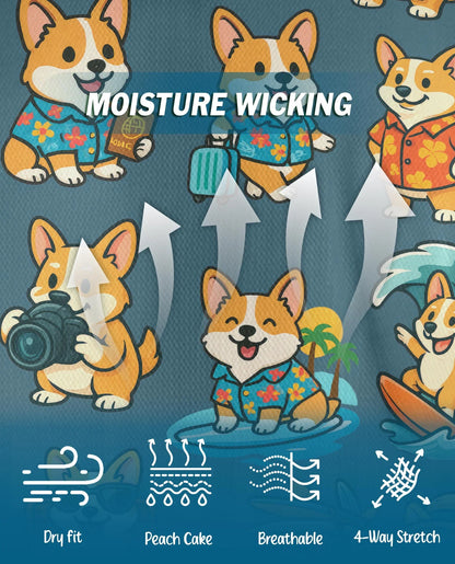 Cartoon Corgi Surfing Polo Shirt for Men, Cute Dog Beach Style | Azhawaiian