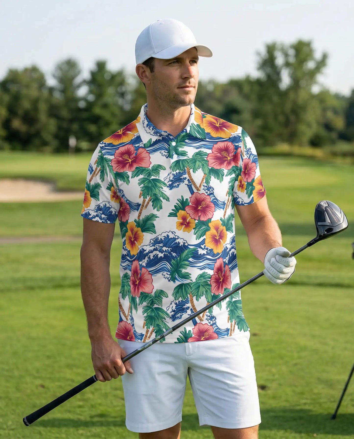Hawaiian Polo Shirt, Palm Tree Wave Hibiscus Print | Azhawaiian