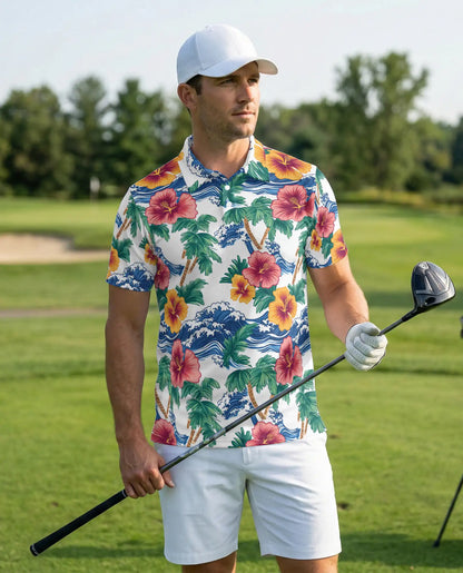 Hawaiian Polo Shirt, Palm Tree Wave Hibiscus Print | Azhawaiian