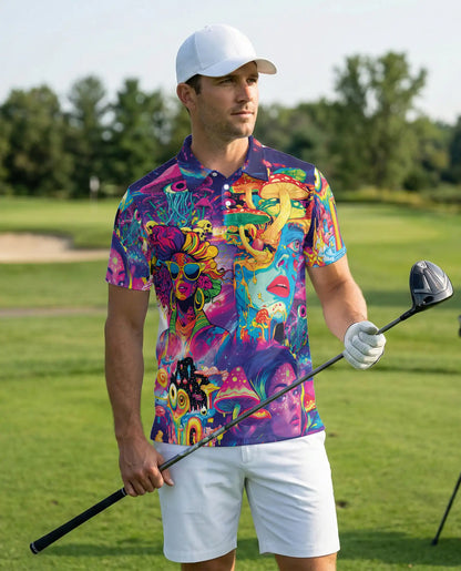 Psychedelic Mushroom Art 3D Polo Shirt for Men, Neon Trippy Fantasy Style | Azhawaiian