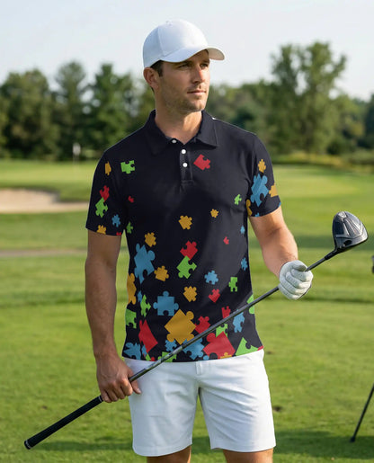Puzzle Piece Polo Shirt, Colorful Abstract Print | Azhawaiian