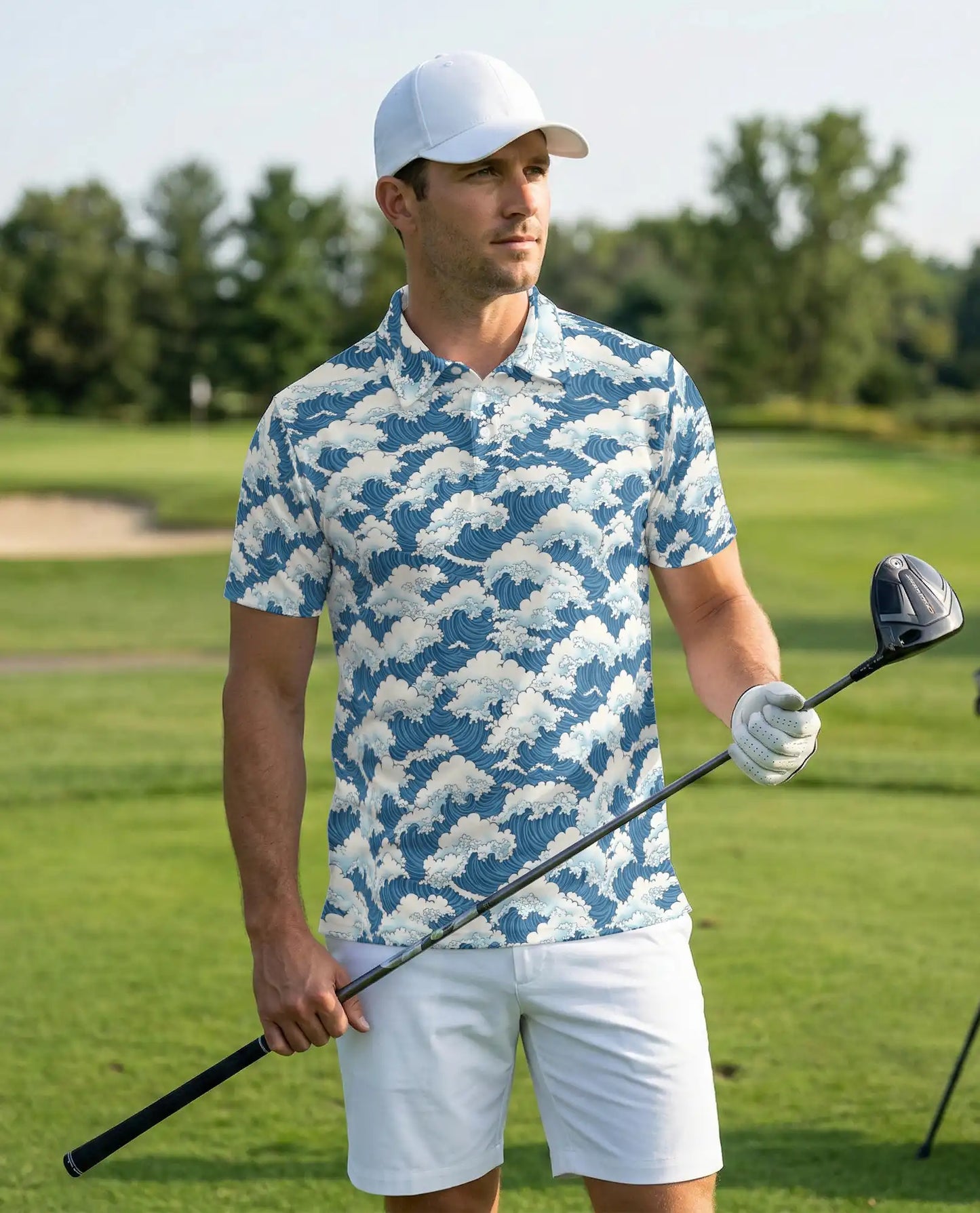 Japanese Ocean Wave 3D Polo Shirt for Men, Coastal Minimalist Art Style | Azhawaiian