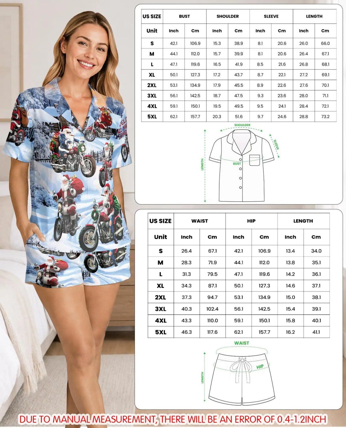 Santa Motorcycle Christmas Pajama Set for Women, Funny Holiday Winter Sleepwear