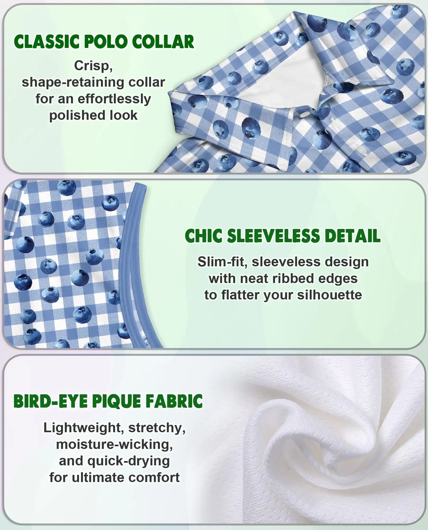 Blueberry Gingham Print Sleeveless Polo Shirt for Women  | Azhawaiian