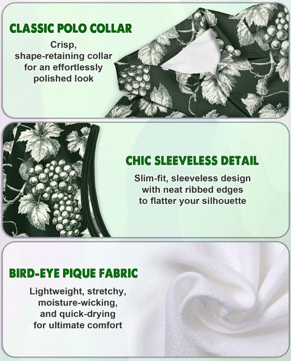 Grape And Vine Sleeveless Polo Shirt for Women, Elegant Botanical Style | Azhawaiian