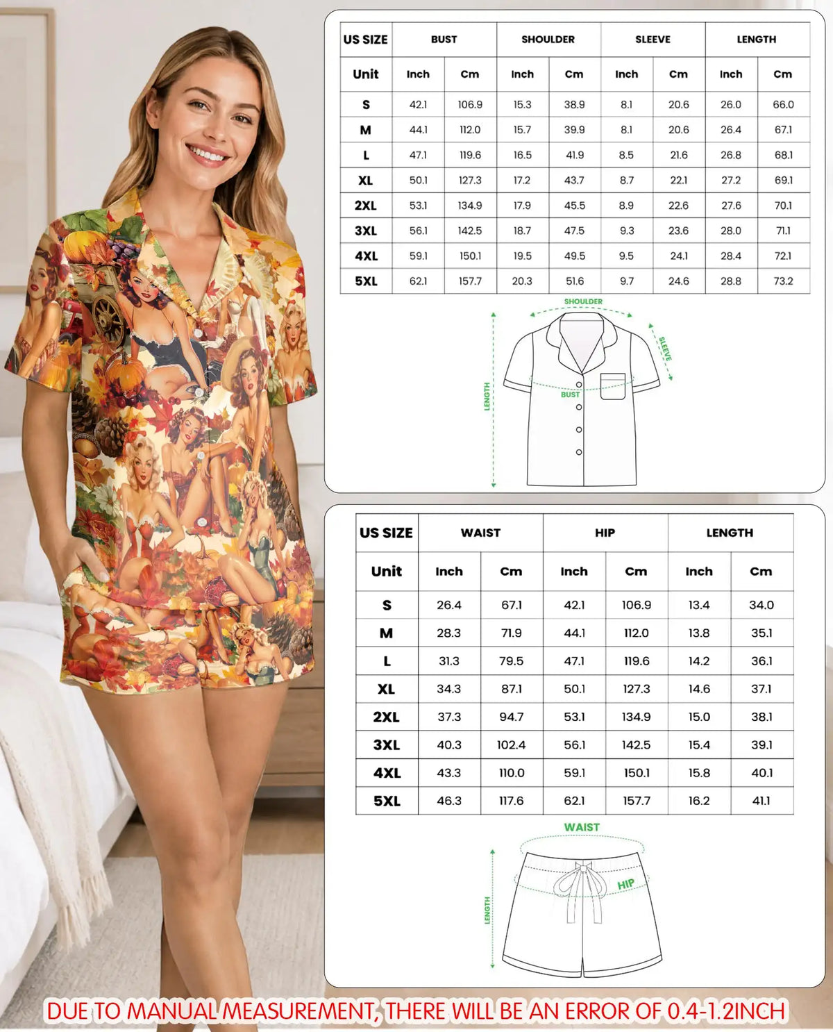 Thanksgiving Pajama Set for Women, Vintage Pin Up Holiday Sleepwear with Autumn Design