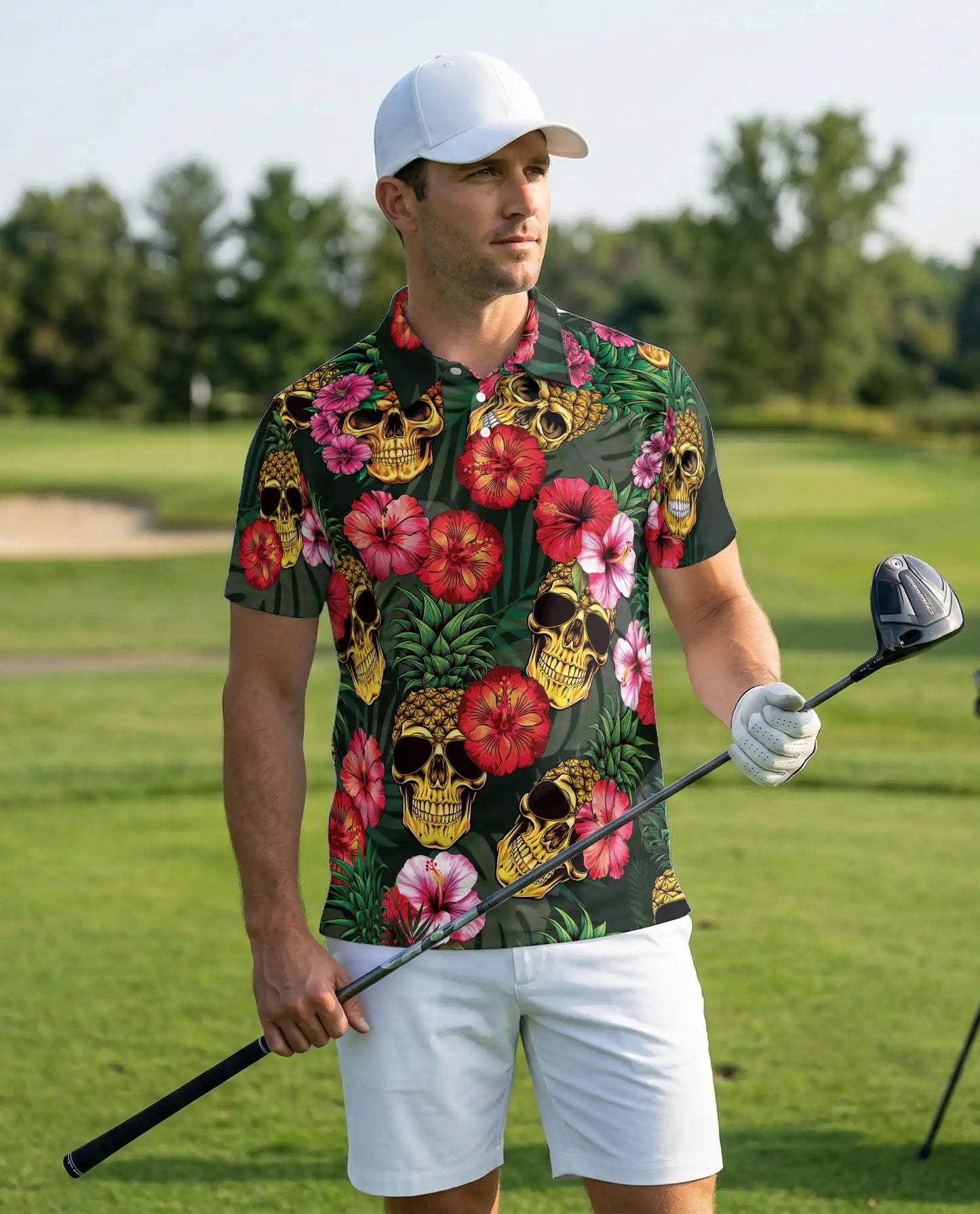 Skull Pineapple Polo Shirt, Tropical Gothic Style | Azhawaiian