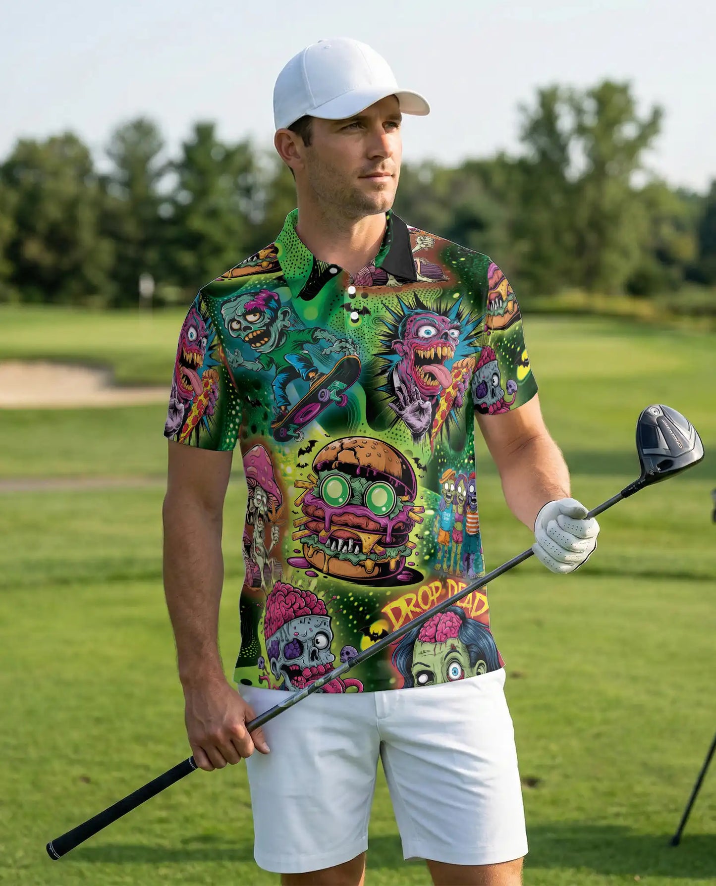 Zombie Skateboard Burger 3D Polo Shirt, Retro Graphic | Azhawaiian