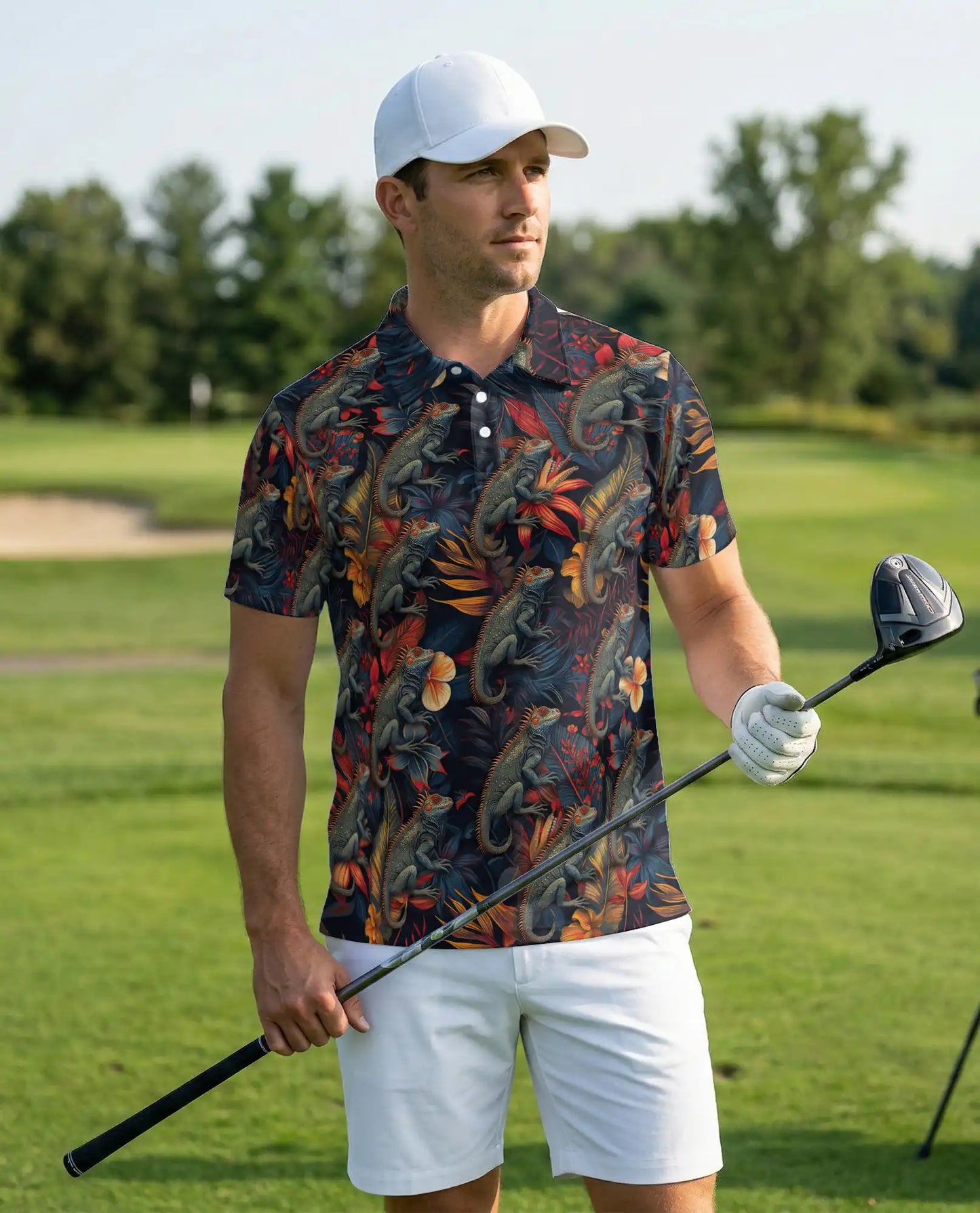 Iguana Tropical 3D Polo Shirt for Men, Reptile Jungle Floral Style | Azhawaiian