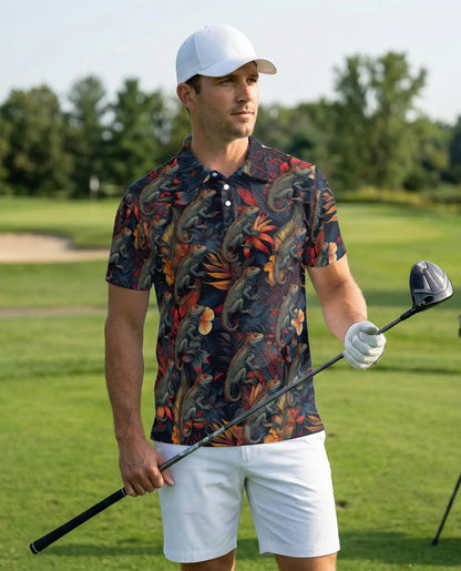 Iguana Tropical 3D Polo Shirt for Men, Reptile Jungle Floral Style | Azhawaiian