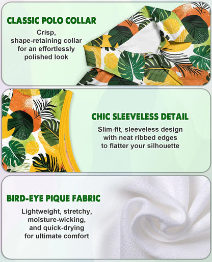 Monstera Leaf Print Sleeveless Polo Shirt for Women, Tropical Botanical Style | Azhawaiian