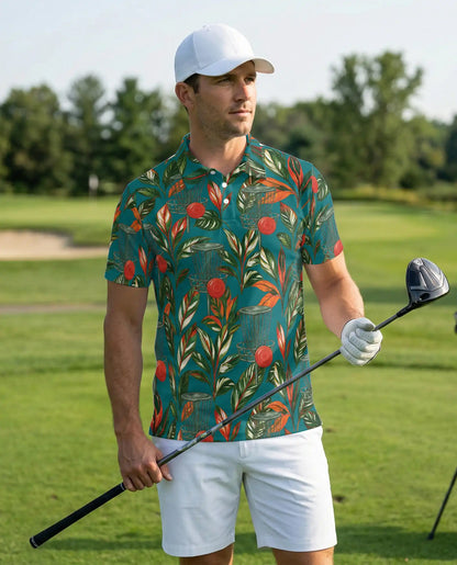 Tropical Disc Golf Polo Shirt, Island Basket & Botanical Print | Azhawaiian
