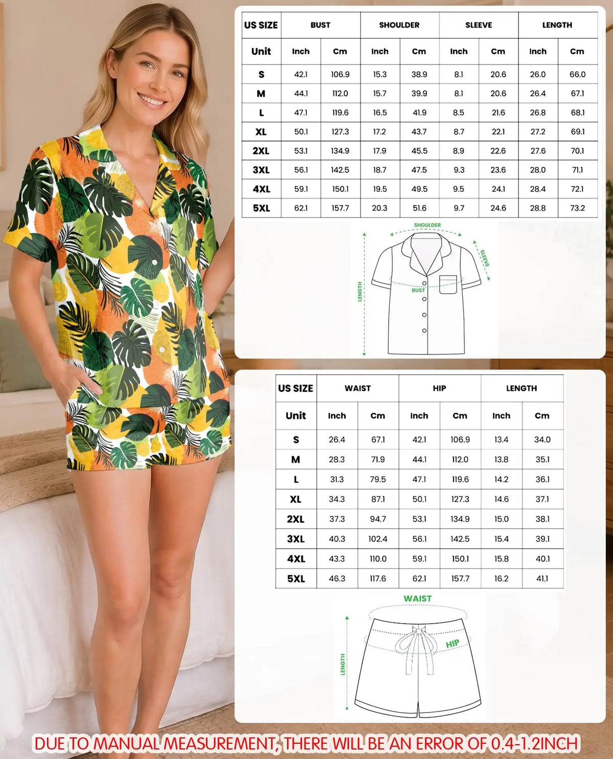 Tropical Leaf Pajama Set for Women – Monstera & Palm Leaves Print