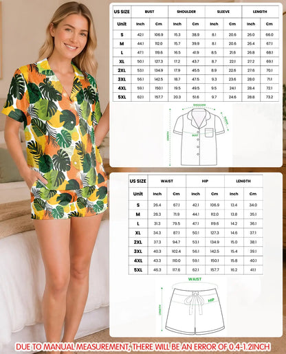 Tropical Leaf Pajama Set for Women – Monstera & Palm Leaves Print
