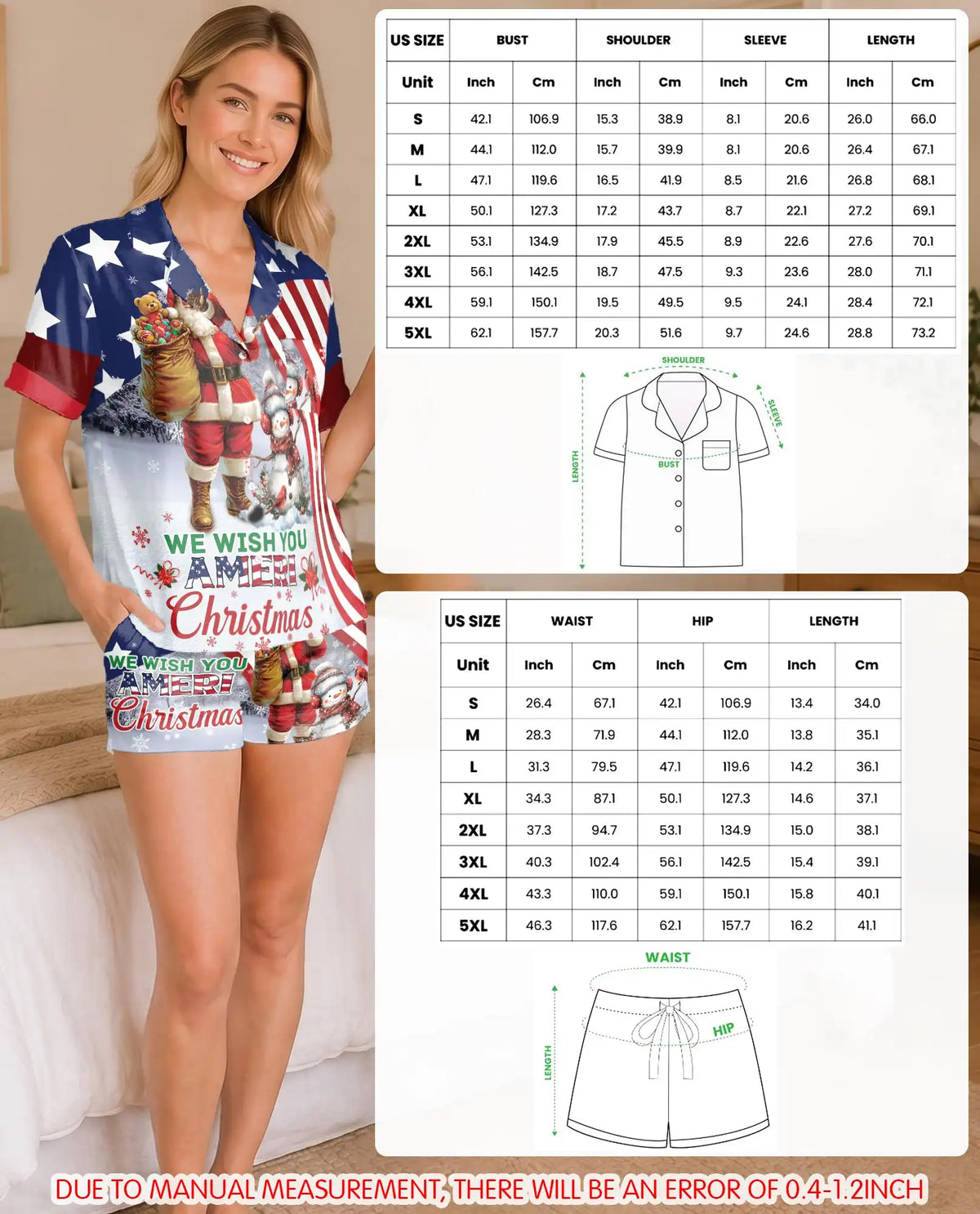 Patriotic Santa Christmas Pajama Set for Women – American Flag & Snowman Print