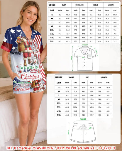 Patriotic Santa Christmas Pajama Set for Women – American Flag & Snowman Print