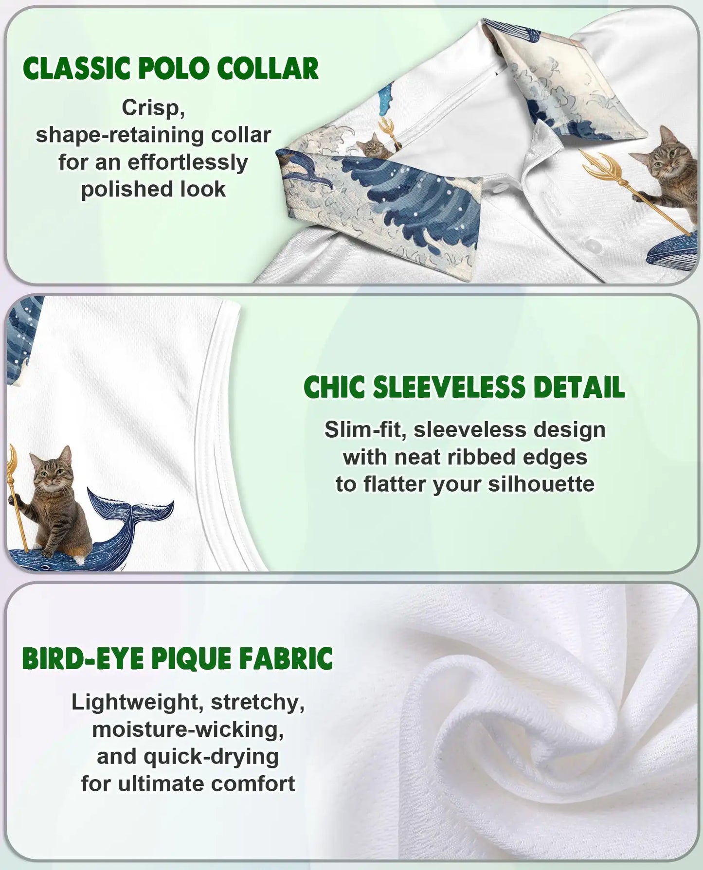 Cat Riding Whale Funny Sleeveless Polo Shirt for Women | Azhawaiian
