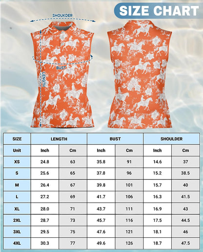 Orange Equestrian Horse Floral Sleeveless Polo Shirt for Women | Azhawaiian