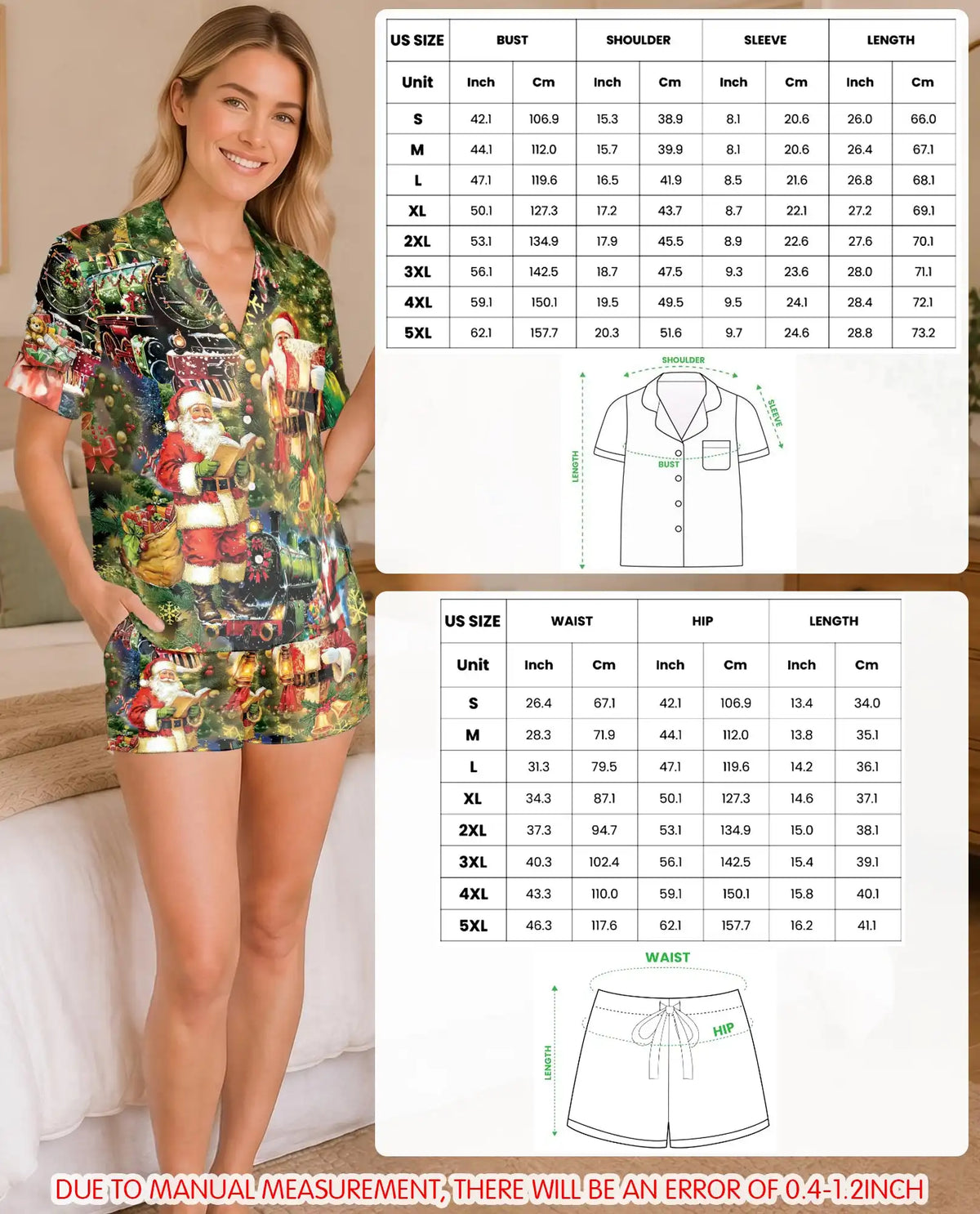 Vintage Santa Christmas Pajama Set for Women – Train & Lantern Print