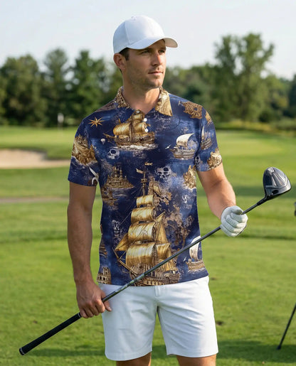 Vintage Pirate Ship 3D Polo Shirt for Men, Nautical Skull Ocean Style | Azhawaiian
