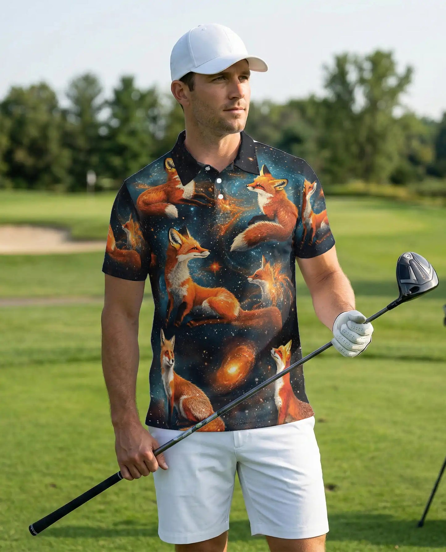 Galaxy Fox Polo Shirt, Cosmic Animal Print | Azhawaiian