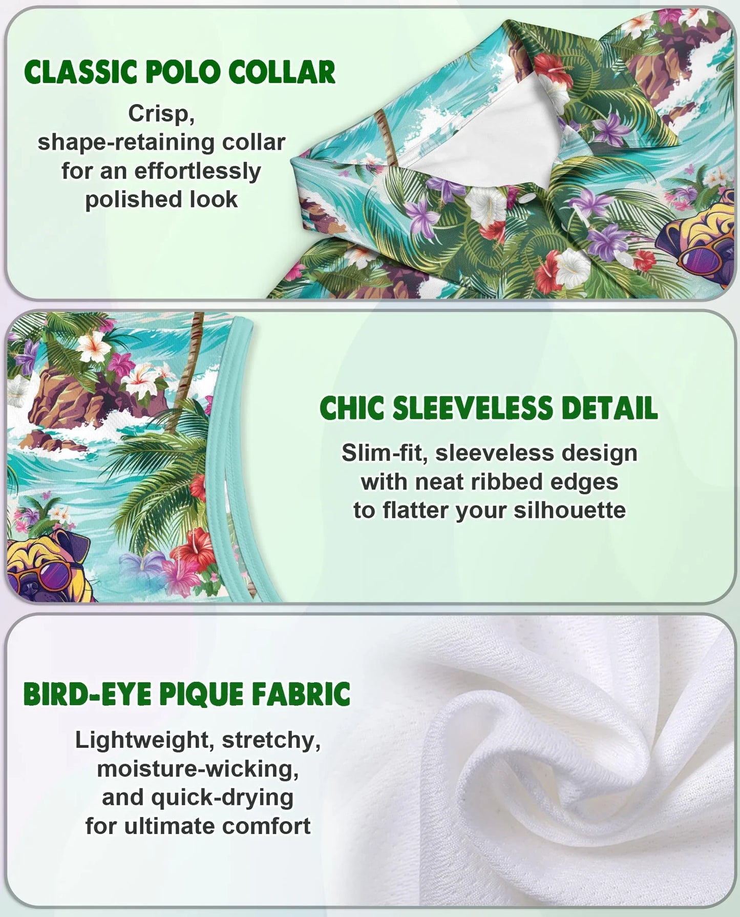 Pug Beach Tropical Sleeveless Polo Shirt for Women, Cute Dog Summer Style | Azhawaiian