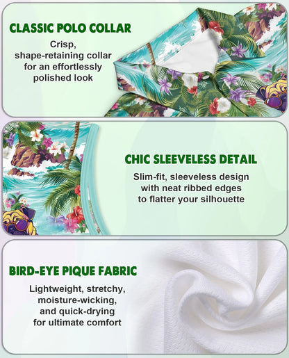 Pug Beach Tropical Sleeveless Polo Shirt for Women, Cute Dog Summer Style | Azhawaiian