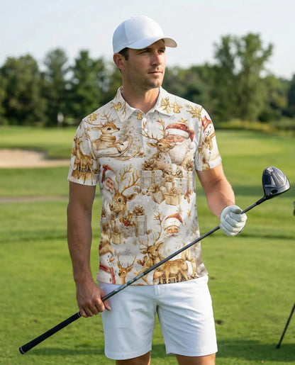 Elegant Santa Reindeer 3D Polo Shirt for Men, Luxury Christmas Holiday Style | Azhawaiian