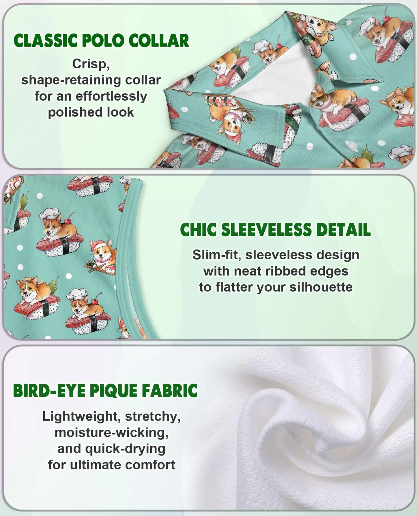 Corgi Sushi Print Sleeveless Polo Shirt for Women, Cute Dog Food Lover Style | Azhawaiian