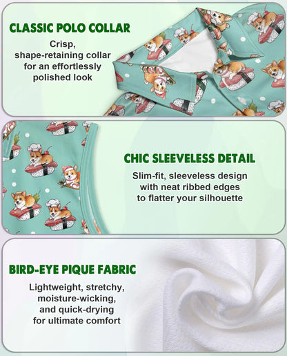 Corgi Sushi Print Sleeveless Polo Shirt for Women, Cute Dog Food Lover Style | Azhawaiian