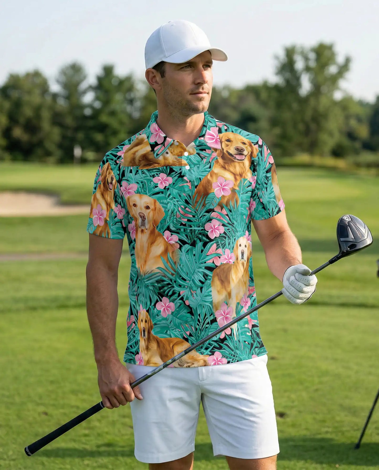 Golden Retriever Tropical Hibiscus Polo Shirt-Hawaiian Floral Dog Print | Azhawaiian