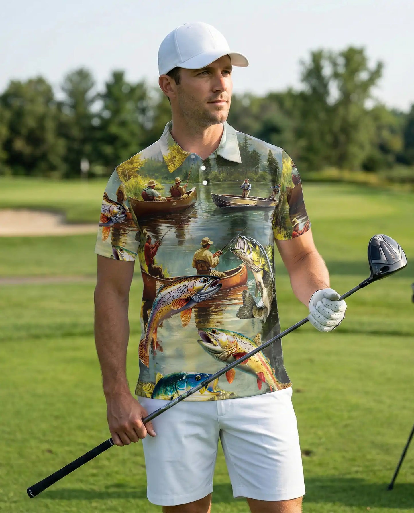 Lake Fishing Adventure 3D Polo Shirt for Men, Outdoor Angler Nature Style | Azhawaiian