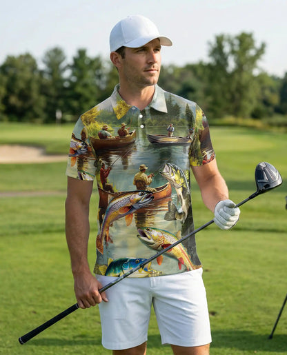 Lake Fishing Adventure 3D Polo Shirt for Men, Outdoor Angler Nature Style | Azhawaiian