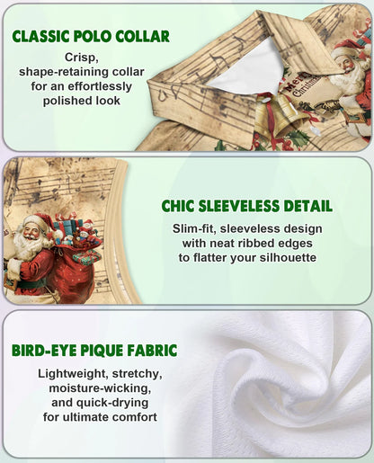 Vintage Music Santa Sleeveless Polo Shirt for Women, Christmas Holiday Style | Azhawaiian