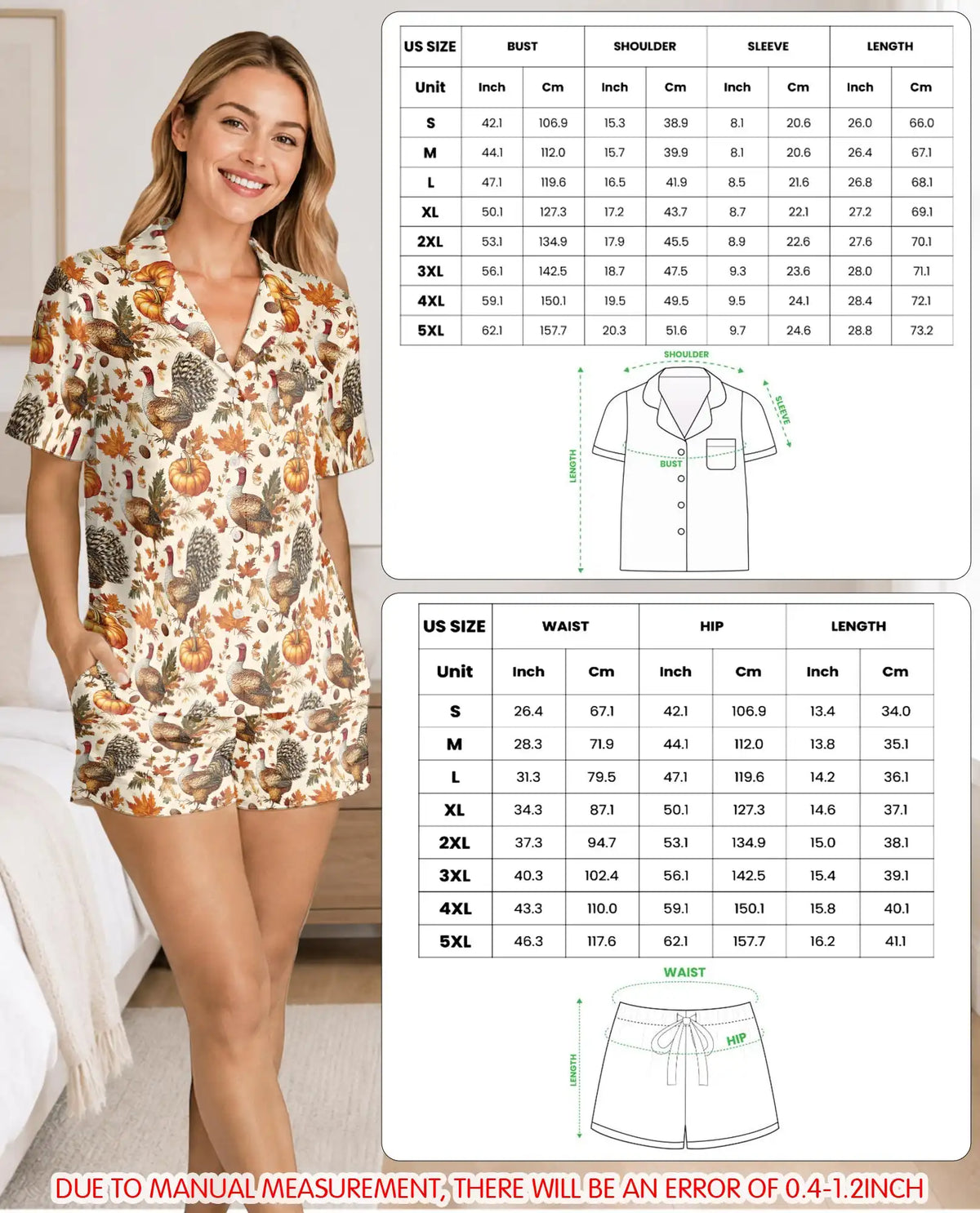 Vintage Thanksgiving Turkey Pajama Set for Women – Pumpkin Fall Print