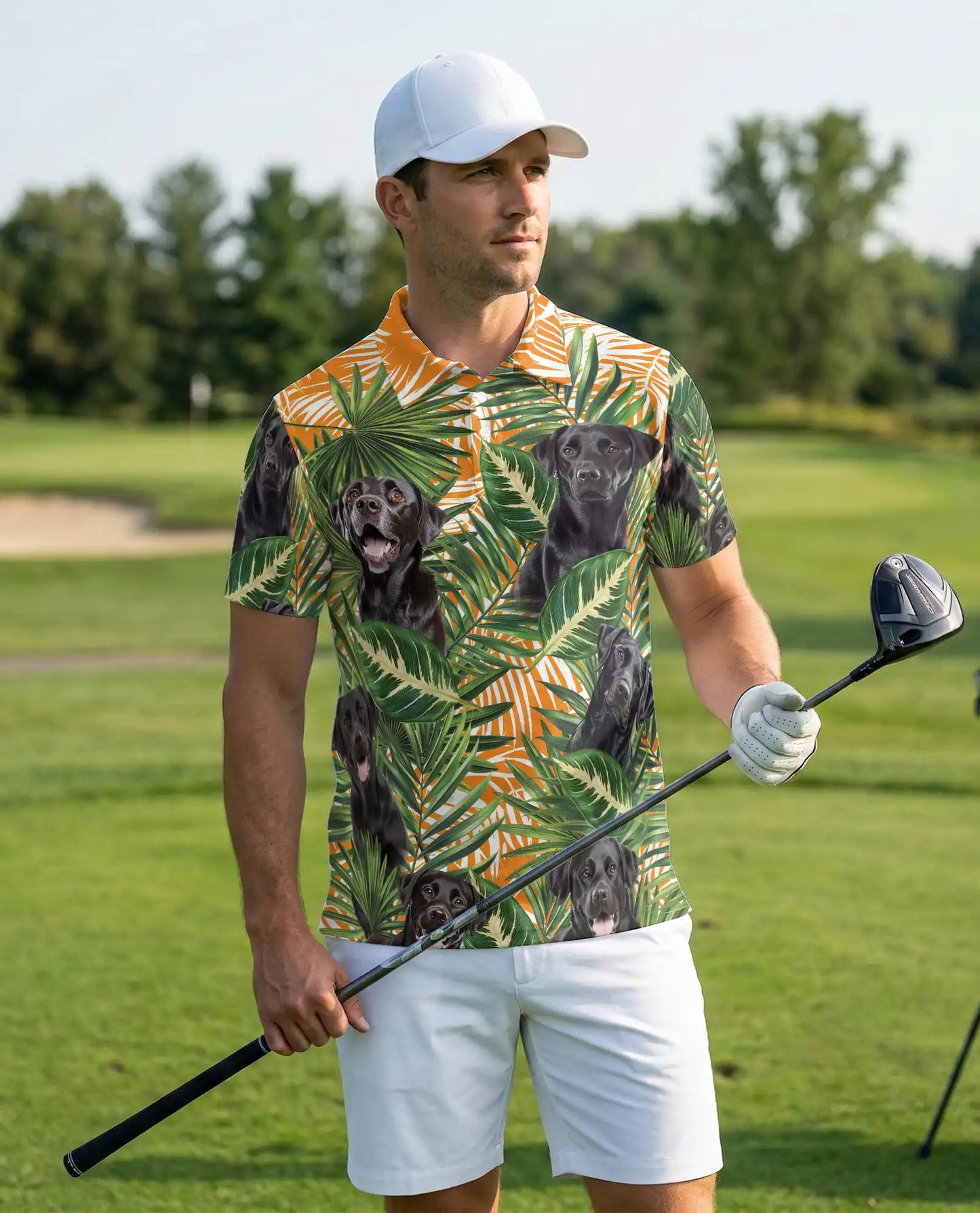 Black Labrador Tropical Polo Shirt, Palm Leaf Print | Azhawaiian