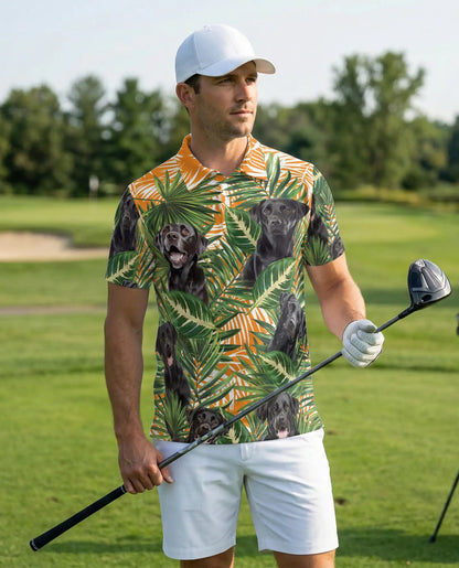 Black Labrador Tropical Polo Shirt, Palm Leaf Print | Azhawaiian