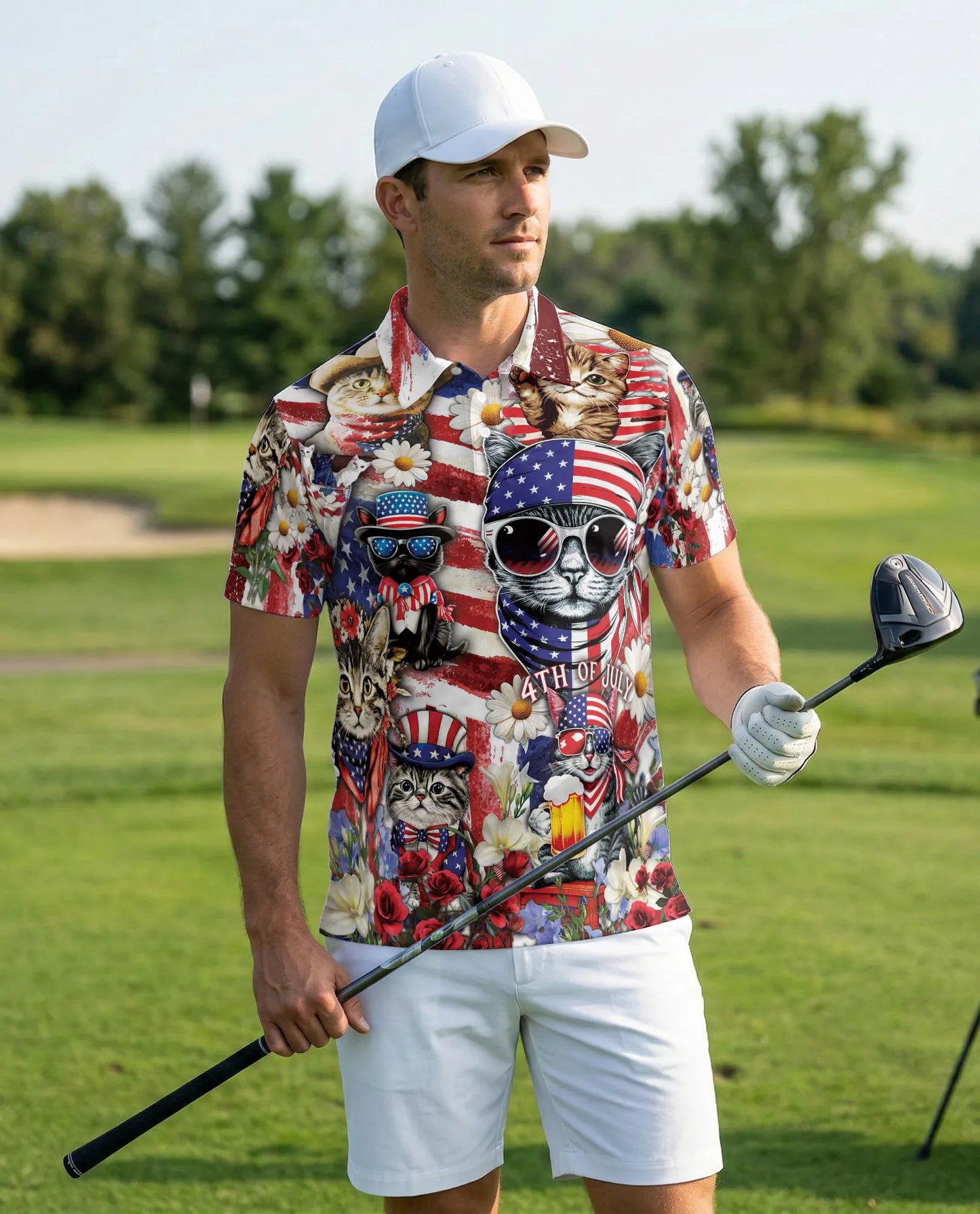 Patriotic Cat 3D Polo Shirt for Men, 4th of July USA Flag Style | Azhawaiian