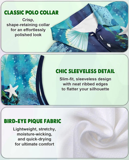 Coral Reef Turtle Pattern Sleeveless Polo Shirt for Women | Azhawaiian