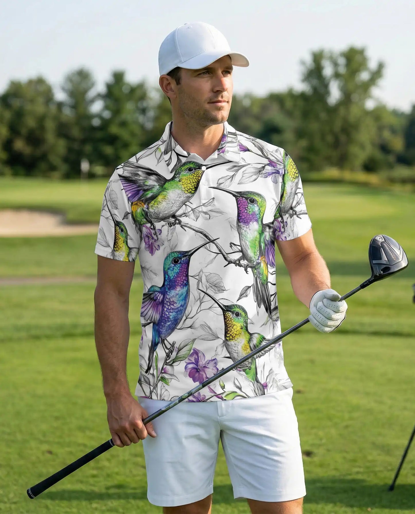 Colorful Hummingbird Floral 3D Polo Shirt for Men, Tropical Bird Nature Style | Azhawaiian