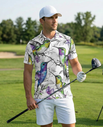 Colorful Hummingbird Floral 3D Polo Shirt for Men, Tropical Bird Nature Style | Azhawaiian