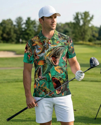 Northern Pike Fishing Polo Shirt for Men- Print Freshwater Angler Fish Shirt | Azhawaiian