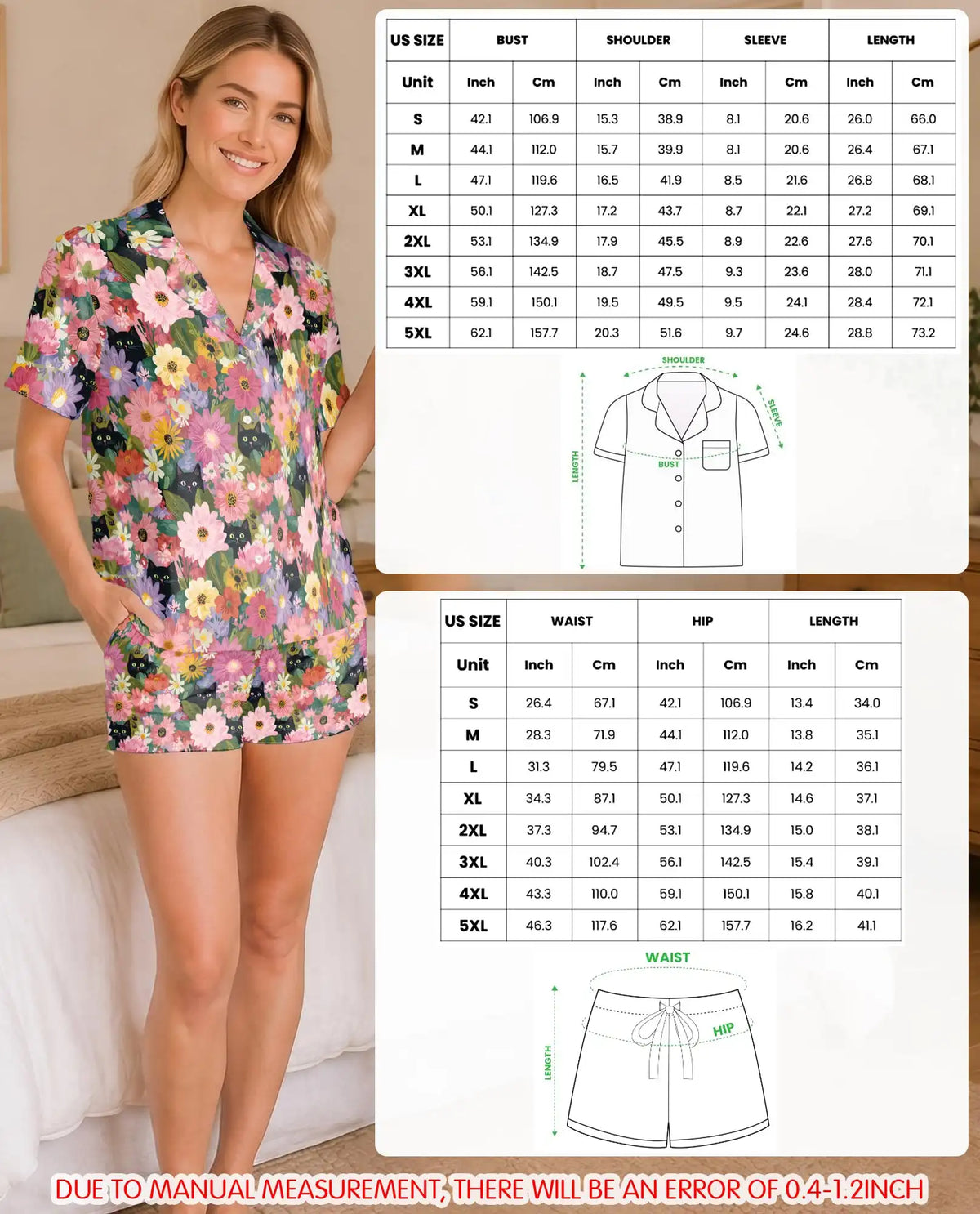 Black Cat Floral Pajama Set for Women – Colorful Wildflower Garden Print