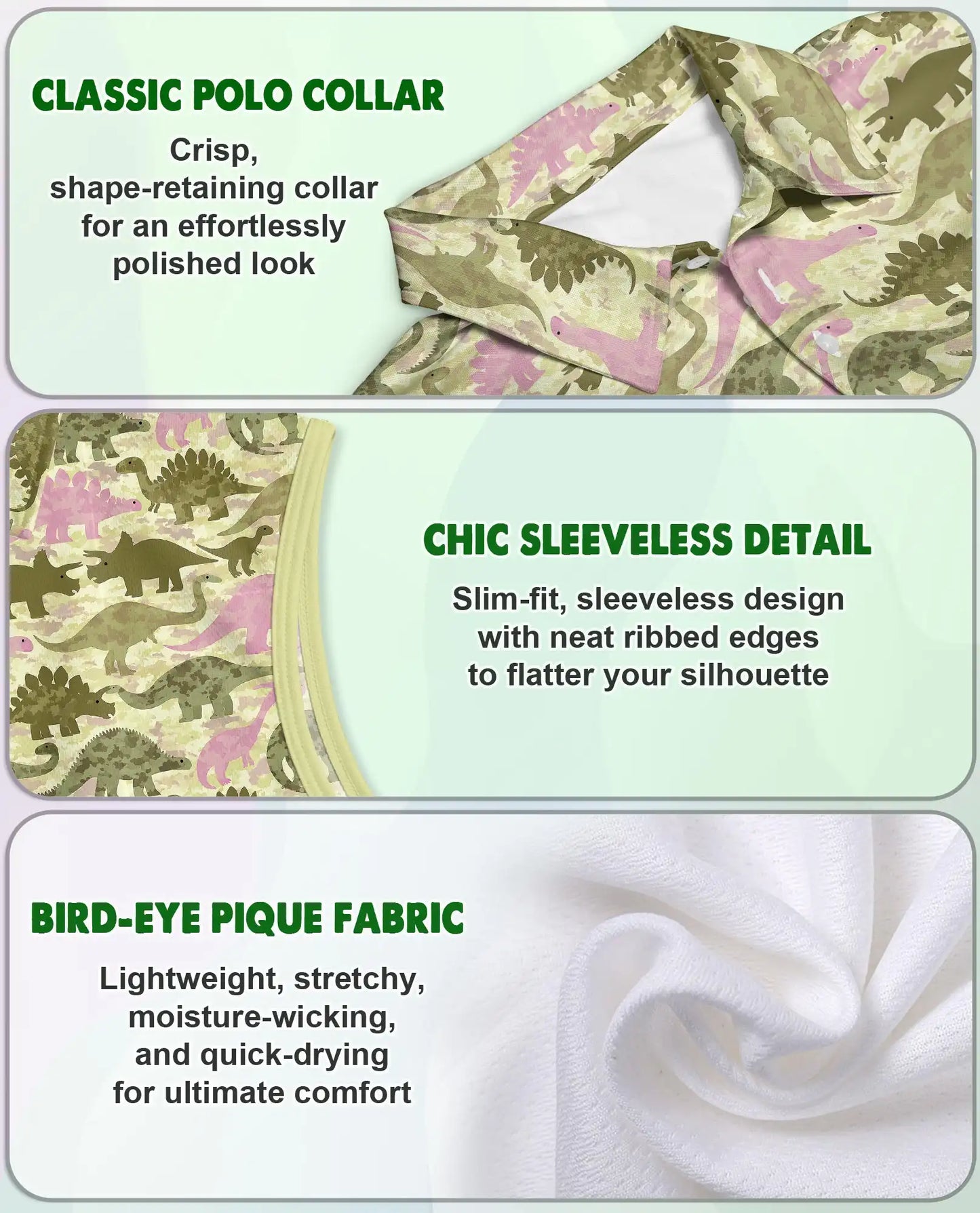Cute Dinosaur Pattern Sleeveless Polo Shirt for Women | Azhawaiian