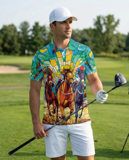 Stained Glass Horse Racing 3D Polo Shirt for Men, Colorful Jockey Derby Style | Azhawaiian
