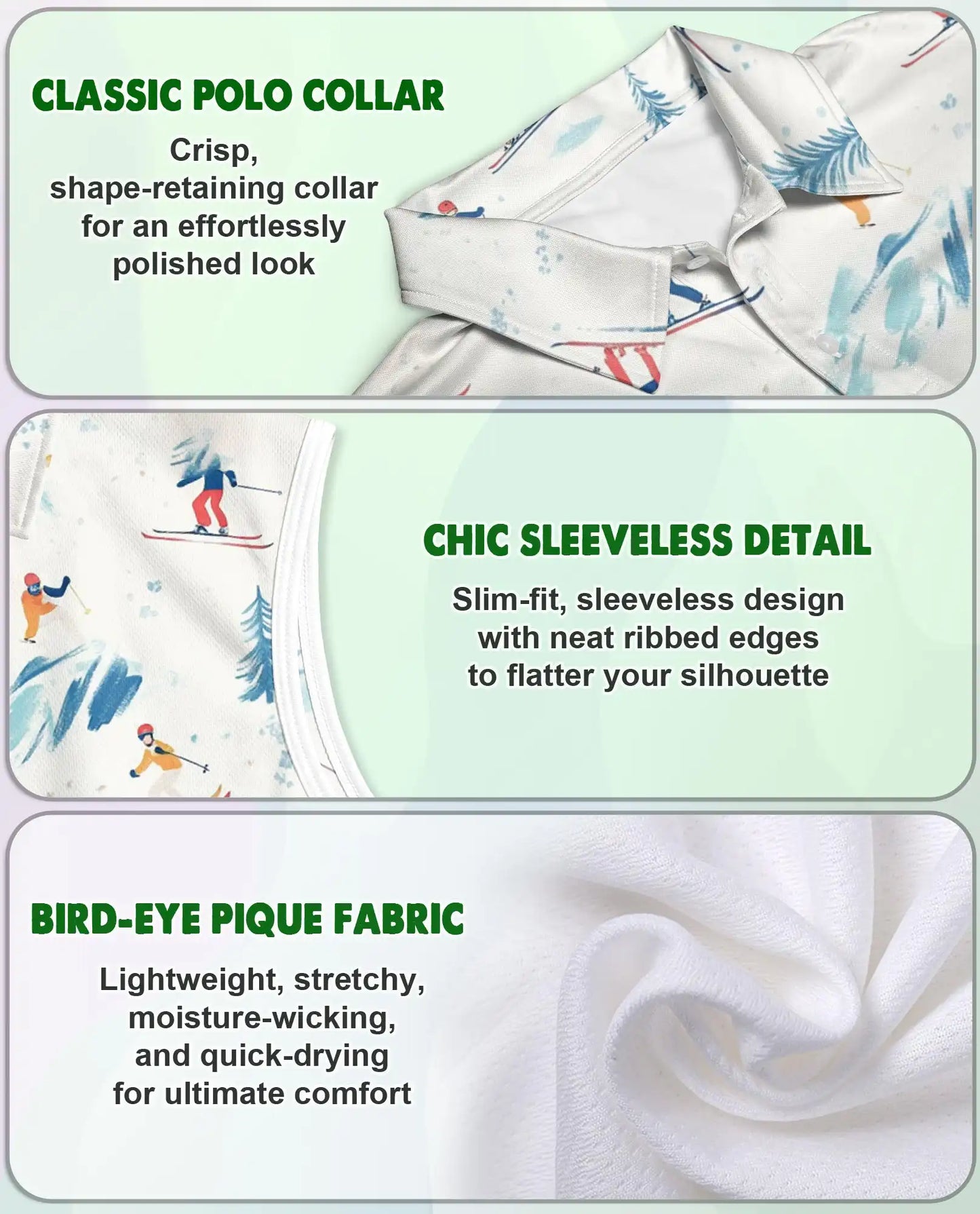 Ski Print Sleeveless Polo Shirt for Women, Winter Sports Adventure Style | Azhawaiian